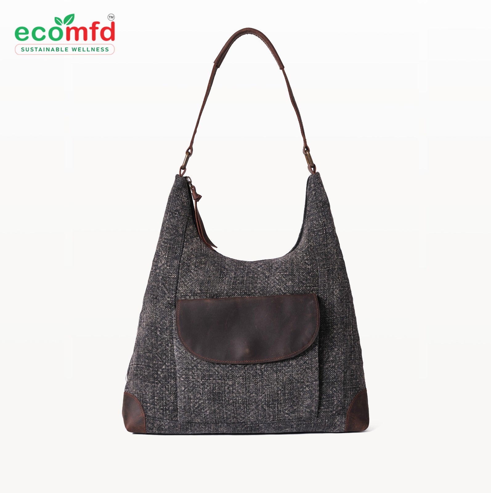 Gray shoulder bag with brown leather pocket on a white background, featuring the ecomfd brand.