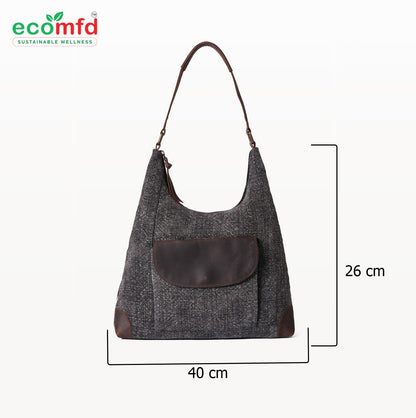 Grey Tweed Shoulder Bag for Women - Fashion Tote with Leather Touch