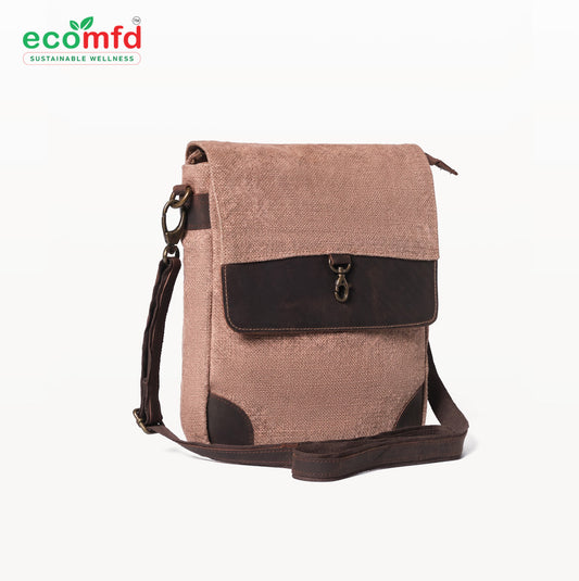 Brown crossbody bag with black accents on a white background, featuring the ecomfd brand.