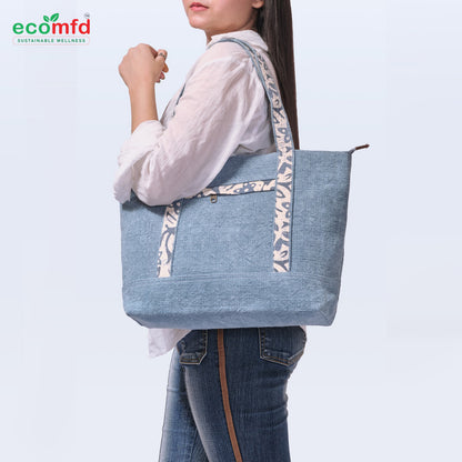 Stylish Blue Jute Tote Bag with Printed Handles Sustainable Fashion Shoulder Bag