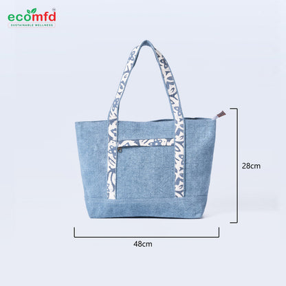 Stylish Blue Jute Tote Bag with Printed Handles Sustainable Fashion Shoulder Bag