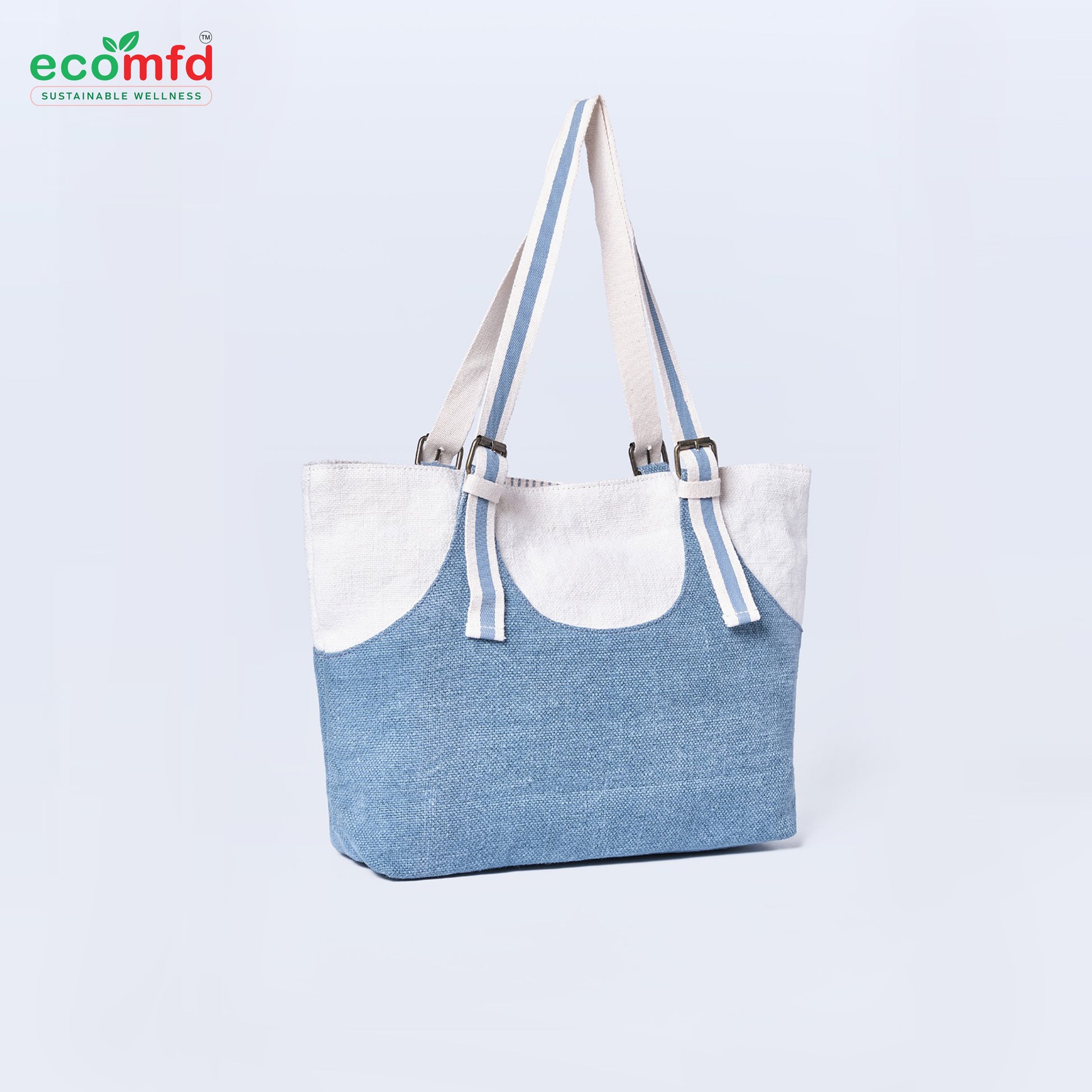 Blue and white tote bag with 'ecomfd' branding on a light gray background