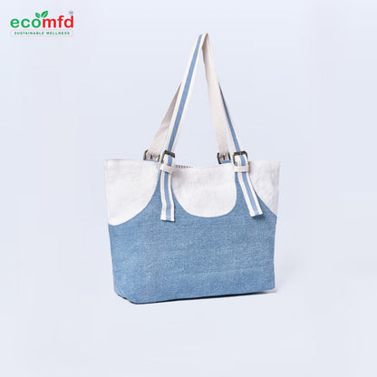 Blue and white tote bag with 'ecomfd' branding on a light gray background