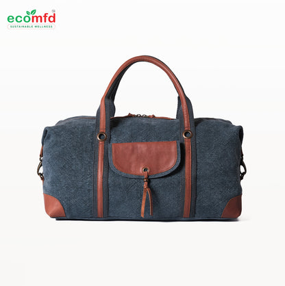 Blue duffel bag with brown accents on a white background, featuring the ecomfd brand.