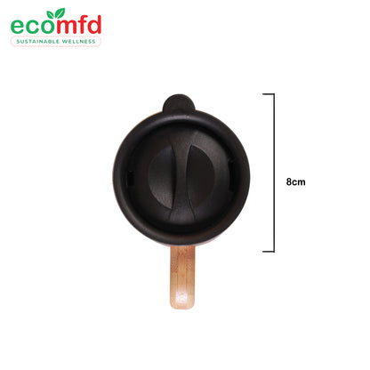 Black measuring cup with wooden handle and ecomfd logo on a white background