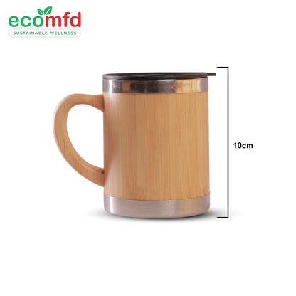 Bamboo mug with metal lid and handle, featuring ecomfd logo and dimensions on a white background.