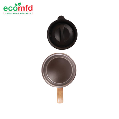 Brown mug with wooden handle and black lid on a white background, featuring ecomfd logo.